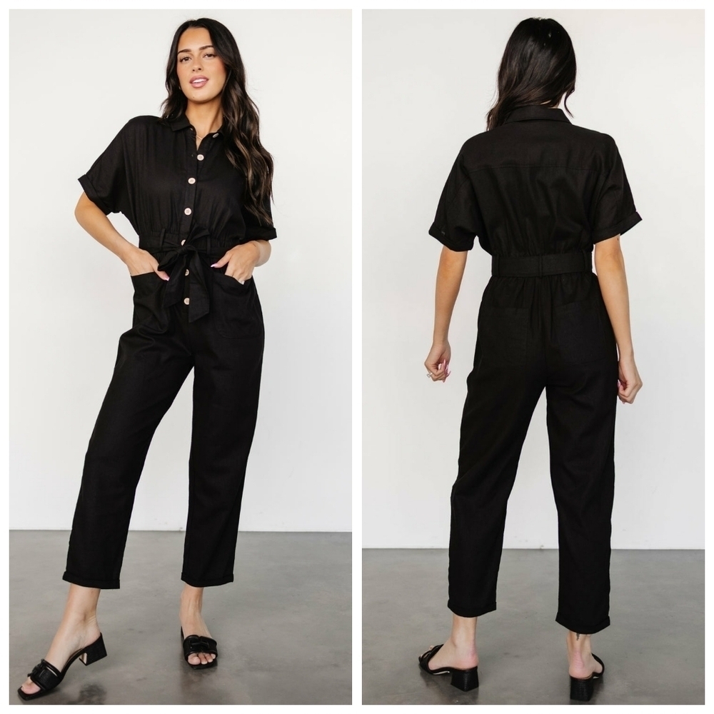 Baltic Born Dallas Button Up Black Linen Jumpsuit
